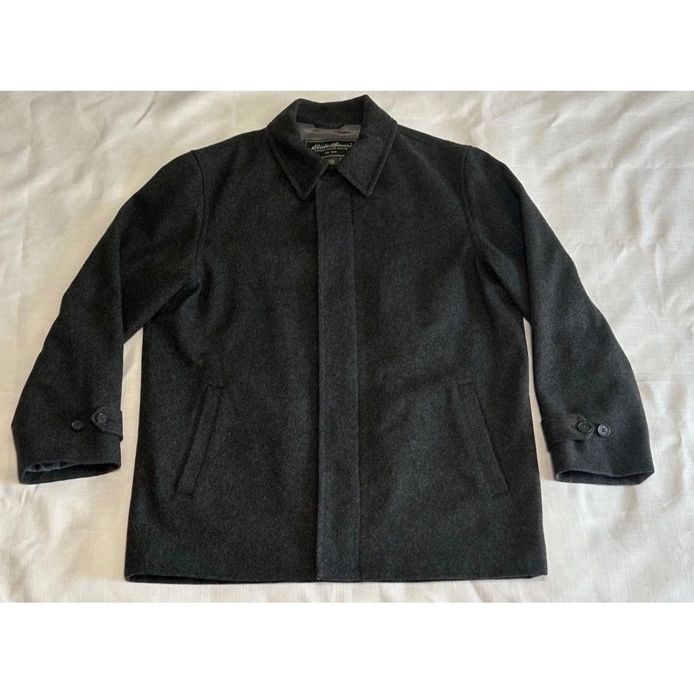 Eddie Bauer Mens Wool Blend Car Coat Jacket Charcoal Gray Quilted Lined Large